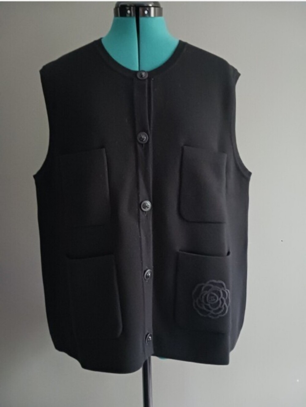 Chanel Uniforms Black Sleeveless Button-Front Pocket Vest - Classic ,size XXL